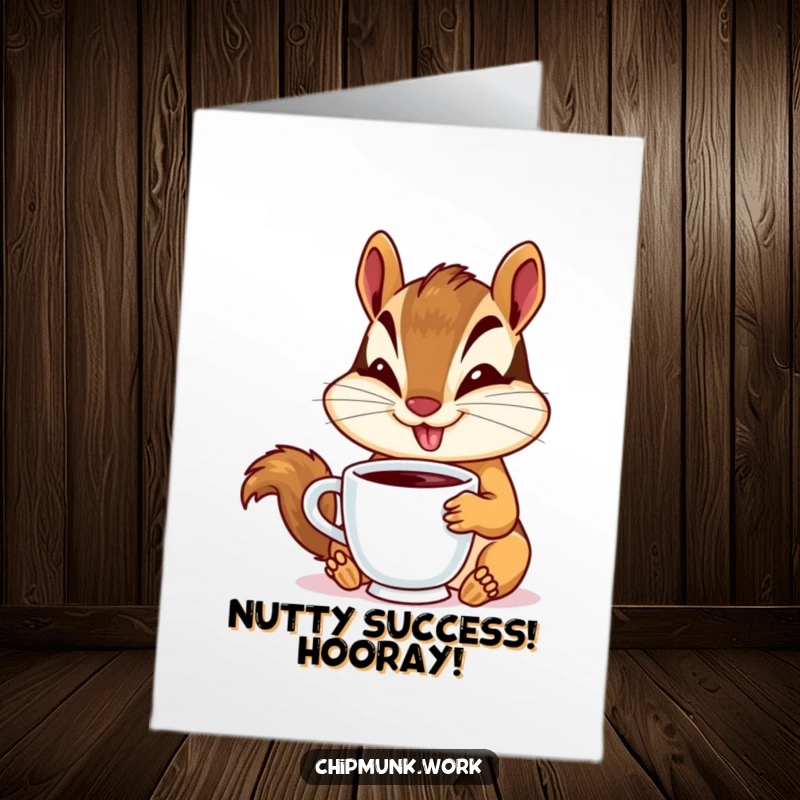 Funny Free Printable Congrats Card: Chipmunk wearing a party hat joyfully sips coffee, celebrating a win. Downloadable.