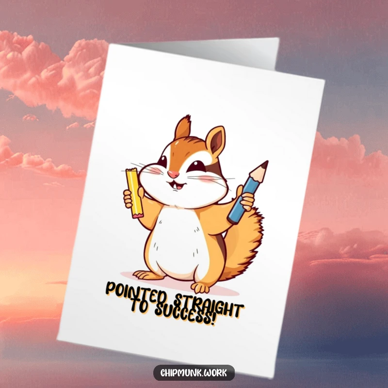 Funny Free Printable Congratulations Card: Chipmunk triumphantly holding a sharp pencil, celebrating a great accomplishment.