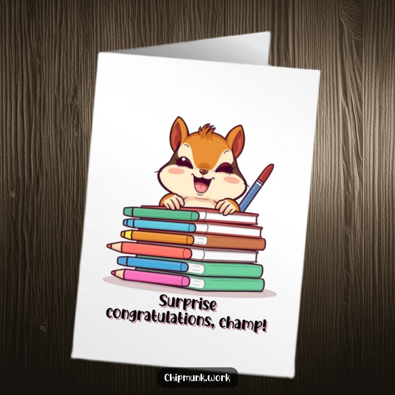 Funny Free Printable Congrats Card: Chipmunk gleefully peeks from behind colorful office supplies, celebrating your success.