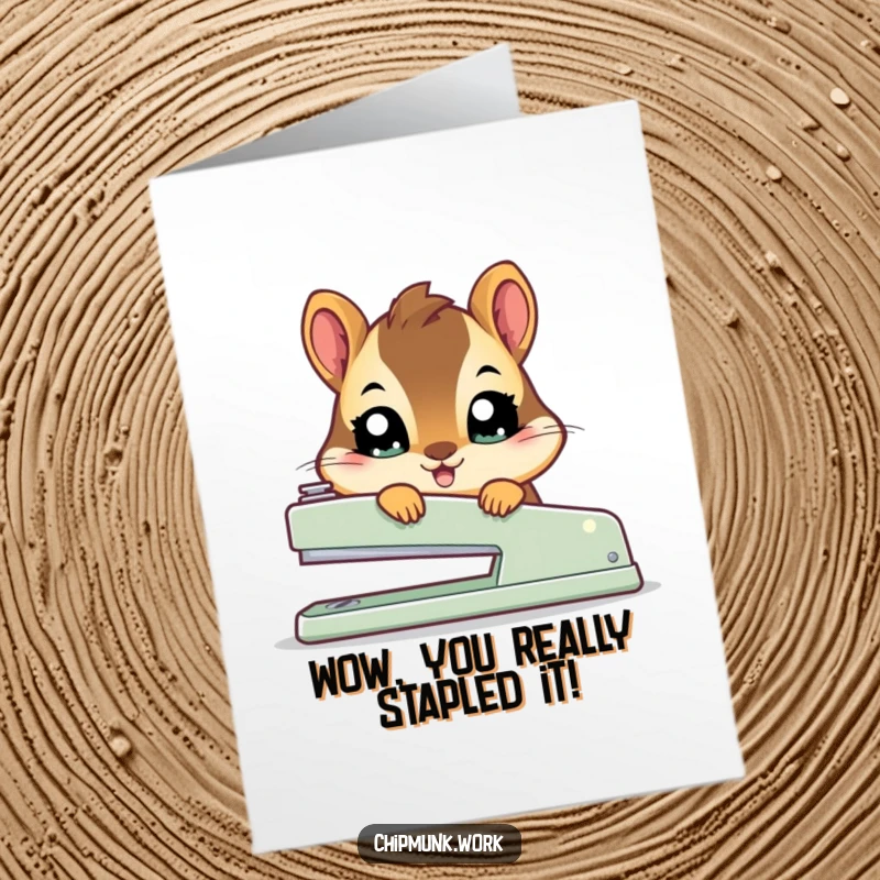 Funny Free Printable Congratulations Card: A kawaii chipmunk shyly peeks from behind a giant stapler, symbolizing a big achievement