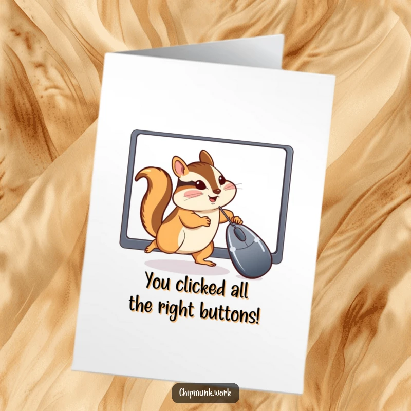 Funny Free Printable Congratulations Card: A playful chipmunk humorously captures a computer mouse cursor, symbolizing a digital victory.