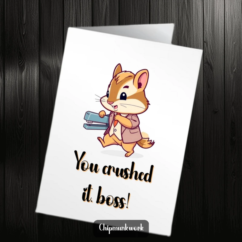 Funny Free Printable Congrats Card: Chipmunk in a tiny suit quickly zips past a stapler, signifying progress.
