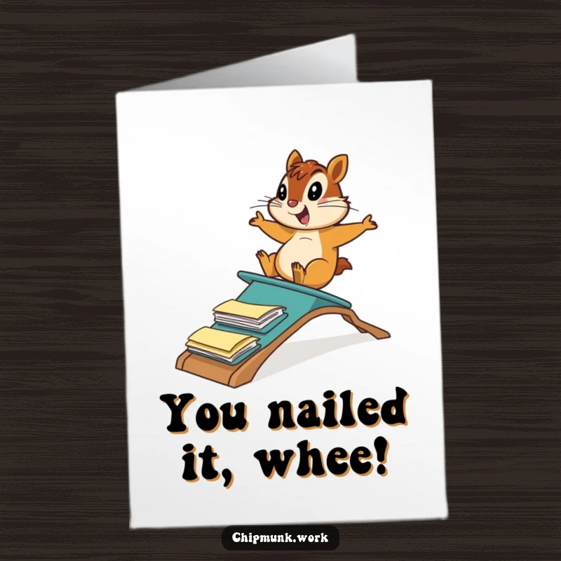 Funny Free Printable Congratulations Card: Chipmunk sliding down a file folder ramp with glee. Success art.