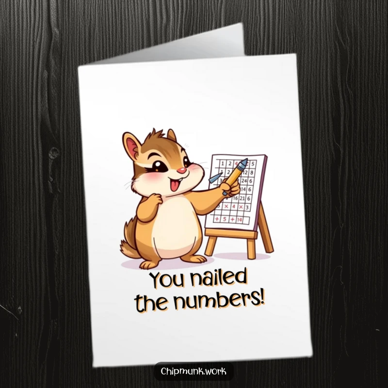 Funny Free Printable Congratulations Card featuring a chipmunk enthusiastically presenting data on an illustrated chart with a pen.
