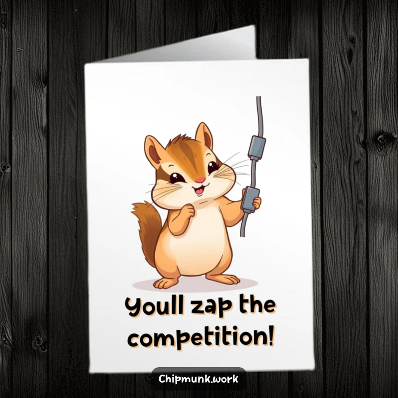 Funny Free Printable Congrats Card: Chipmunk batting at an electrical cord, symbolizing a daring success. Printable.