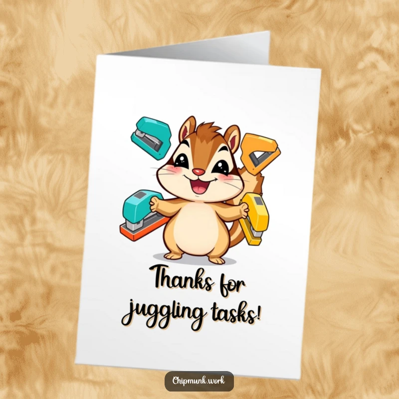 Funny Free Printable Thank You Card: A chipmunk with a huge grin masterfully juggles three staplers, expressing thanks for help well done.