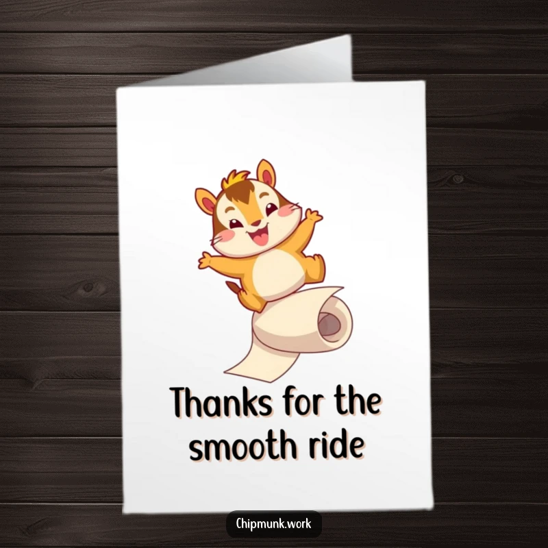 Funny Free Printable Thank You Card: A chipmunk slides energetically down a paper roll, mid-leap.