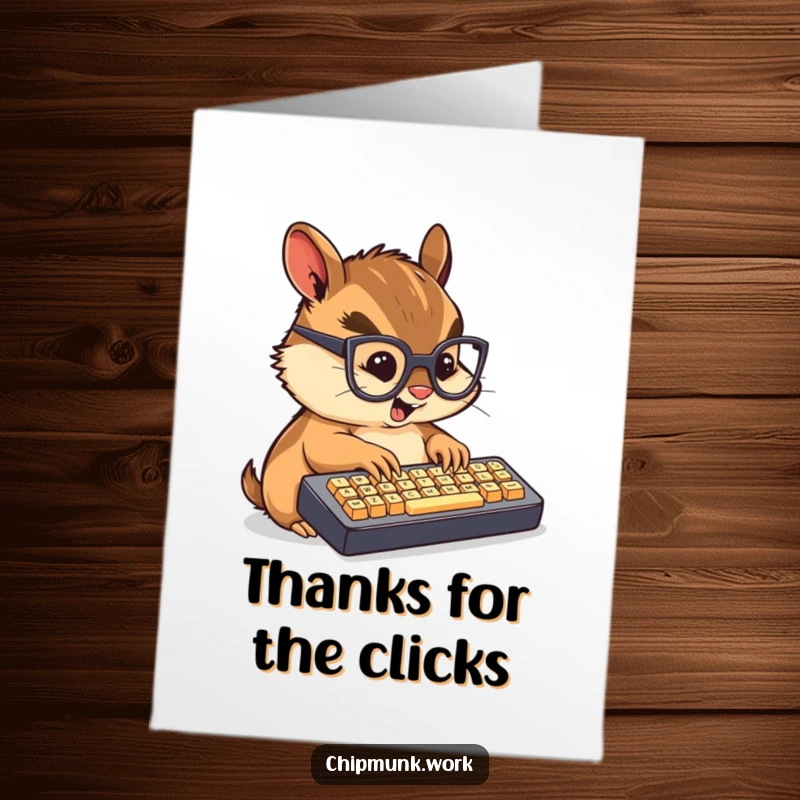 Funny free printable thank you card: a chibi chipmunk wearing glasses furiously taps on a mini keyboard, saying thanks.
