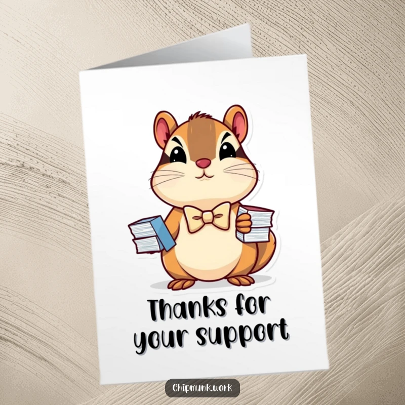 Funny Free Printable Thank You Card: A determined chipmunk wearing a tiny bowtie holds up a tiny stack of charts with pride.