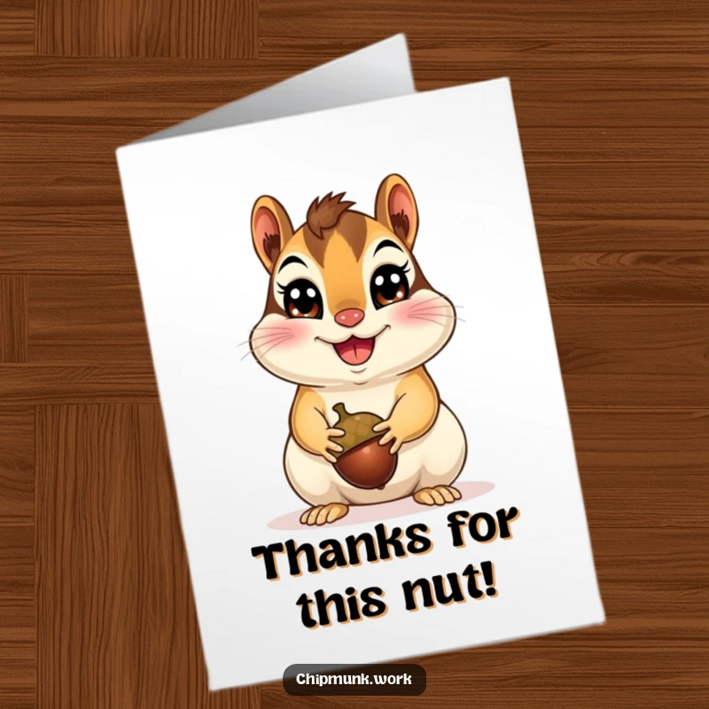 Free Printable Thank You Card: A cheerful chipmunk, beaming with happiness, offers a single acorn as a token of thanks.