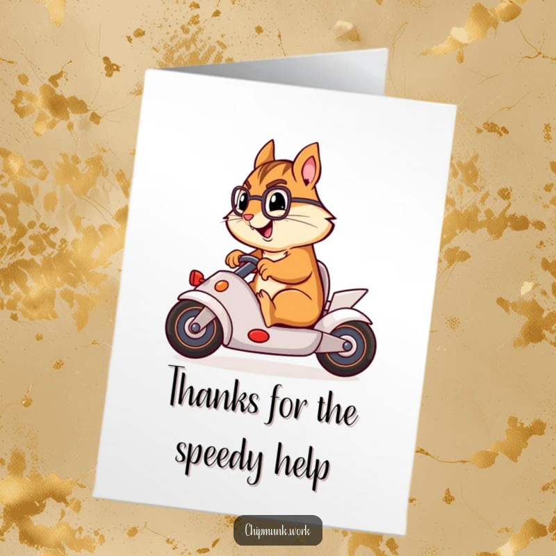 Funny Free Printable Thank You Card: A happy chipmunk races around gleefully in a swivel chair, signifying a speedy thank you.