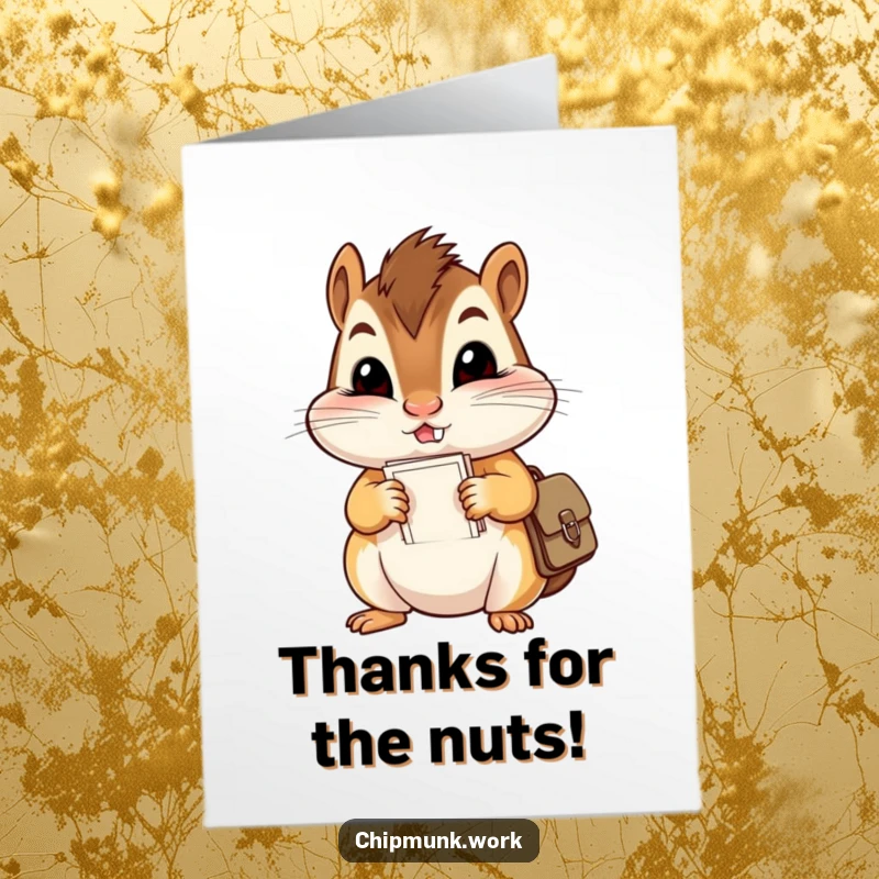 Funny Free Printable Thank You Card: Mischievous chipmunk with massive cheeks carries a tiny satchel overflowing with papers.