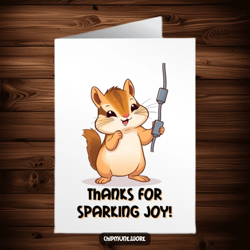 Funny Free Printable Thank You Card: Chipmunk playfully batting an electrical cord, sending zappy thanks. DIY gift.