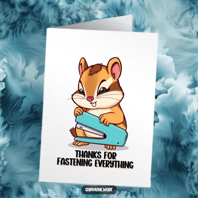 Funny Free Printable Thank You Card: A chipmunk with a determined expression uses a miniature stapler to fasten a note of thanks.