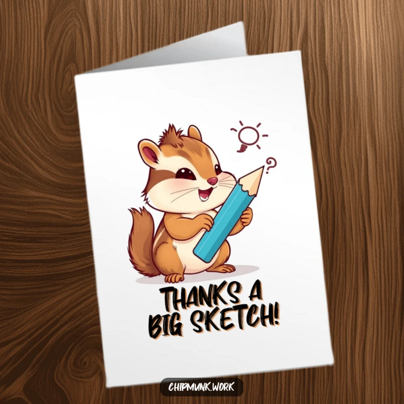 Funny Free Printable Thank You Card: Chipmunk artistically sketching 'thanks' with a giant pencil, unique and heartfelt.