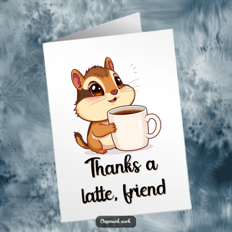Funny Free Printable Thank You Card: Chipmunk with big eyes looks up admiringly at a giant coffee mug.