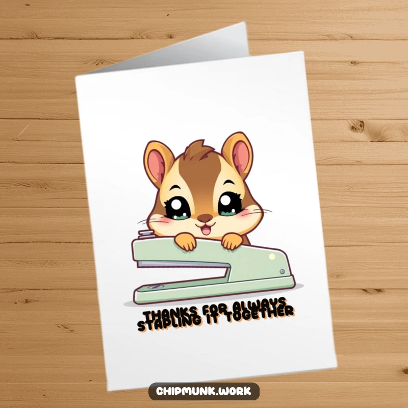 Funny Free Printable Thank You Card: A sweet kawaii chipmunk peeks out shyly from behind a large stapler, conveying thanks playfully