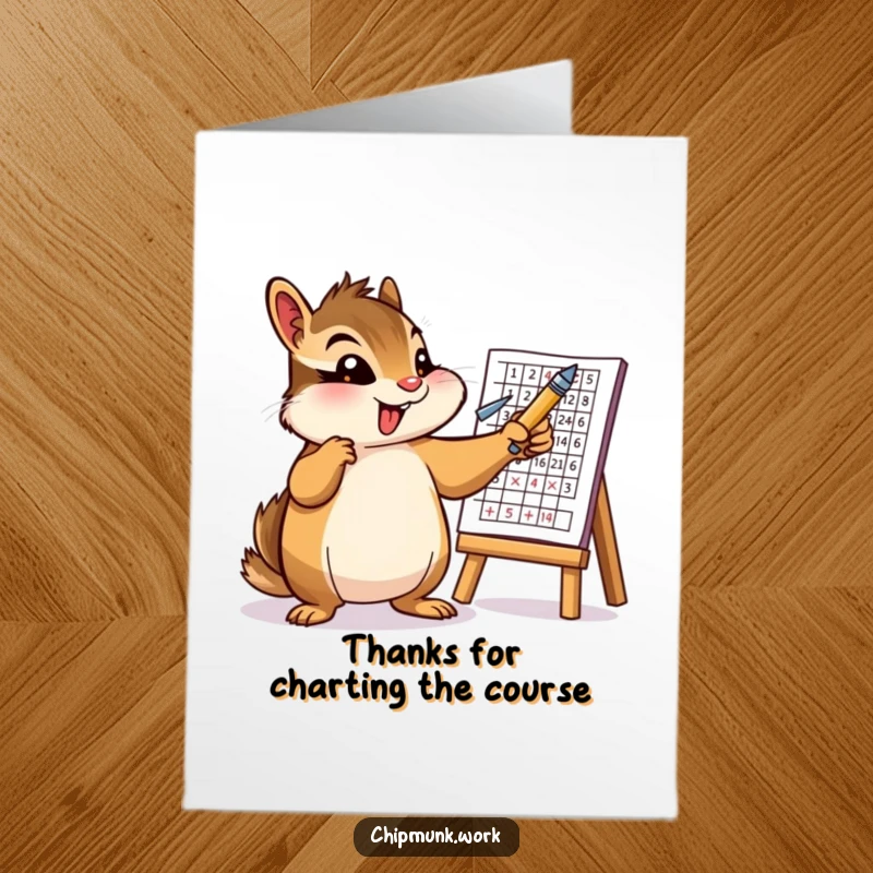 Funny Free Printable Thank You Card: A diligent chipmunk gestures with a pen towards a detailed illustrated chart.