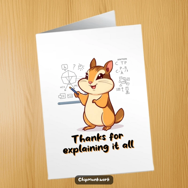 Funny Free Printable Thank You Card: Chipmunk enthusiastically pointing at a complex diagram on a whiteboard. Expressing appreciation.