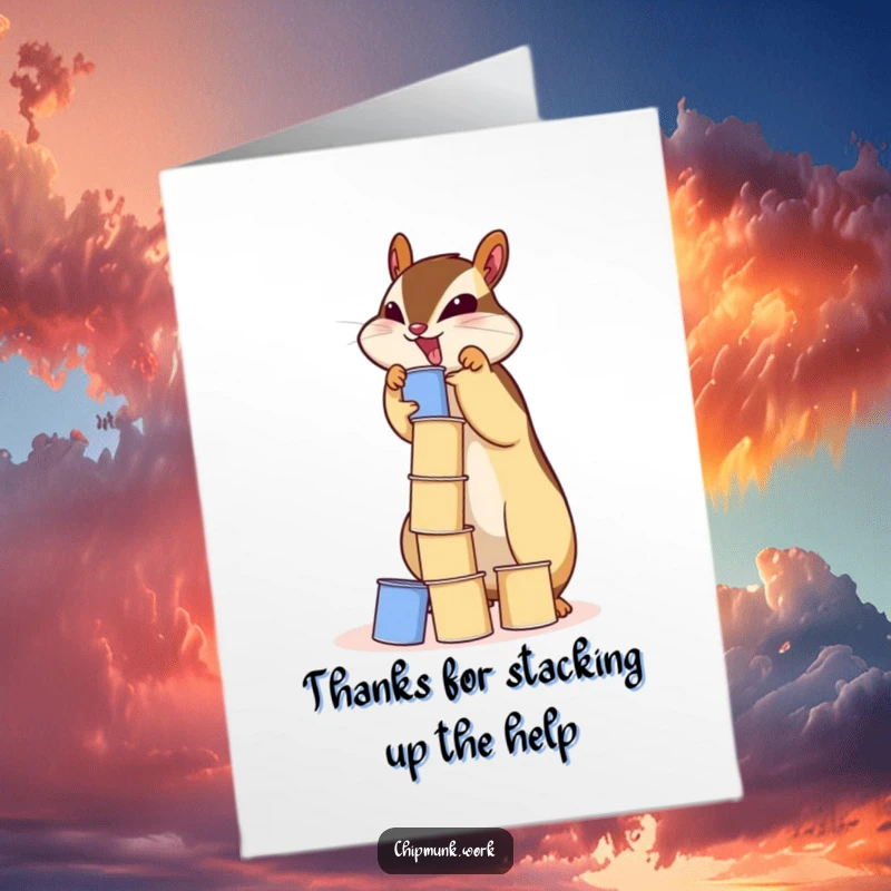 Funny Free Printable Thank You Card: Chipmunk stacking paper cups expresses gratitude with a humorous, heartfelt gesture