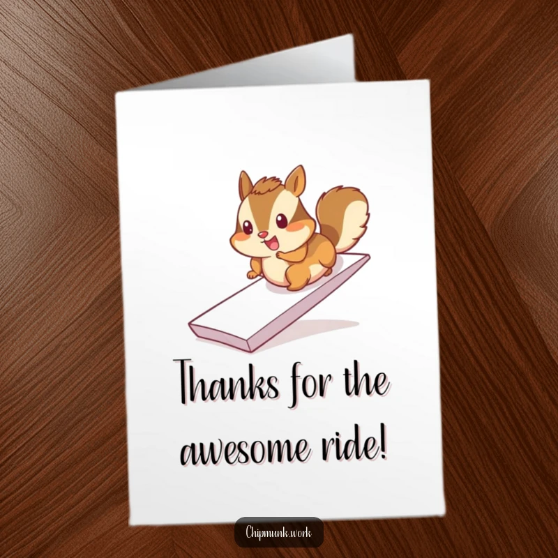 Funny Free Printable Thank You Card: Cheerful chipmunk sliding down a paper ramp, a fun way to say thanks.