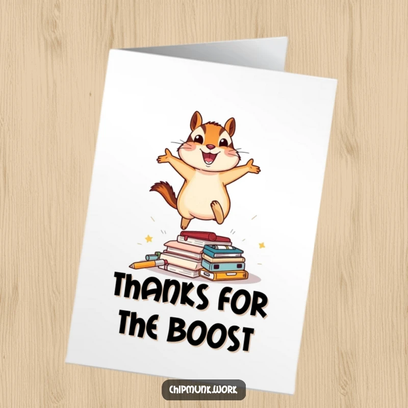 Funny Free Printable Thank You Card: A chipmunk joyfully leaps over office supplies, sending thanks with energetic flair.