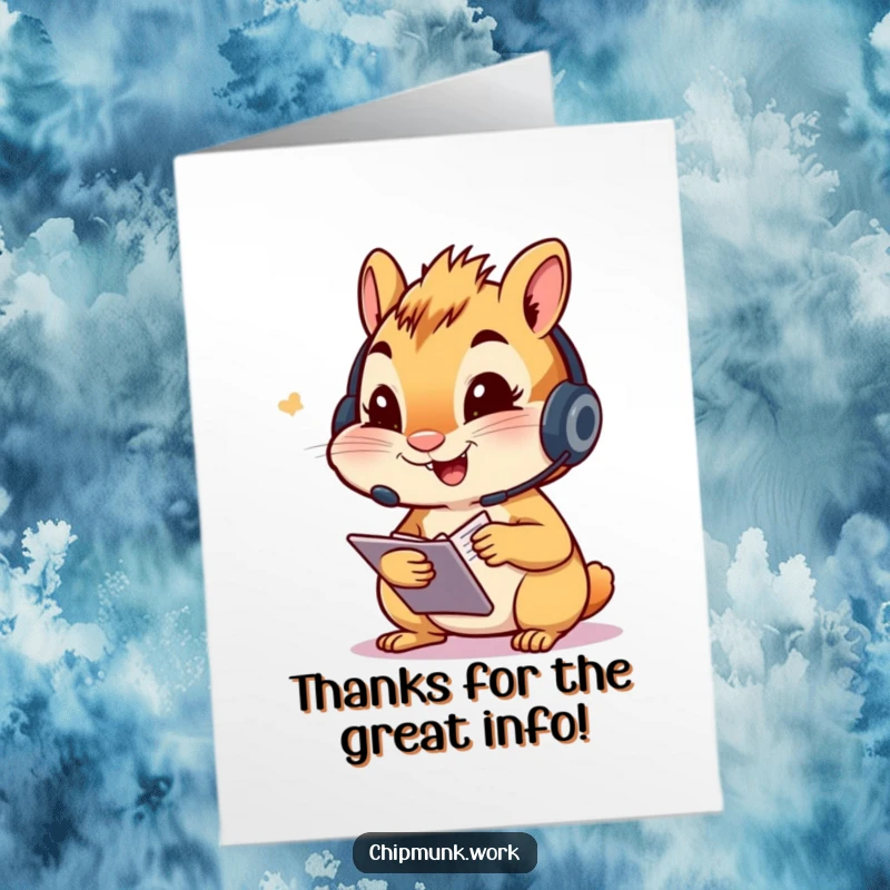 Funny Free Printable Thank You Card: A chipmunk wearing a headset, enthusiastically writing notes in a notepad.