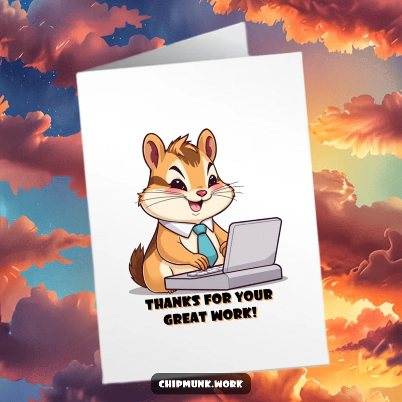Funny Free Printable Thank You Card: A smiling chipmunk in a tie types energetically, expressing gratitude for hard work. A downloadable gift.