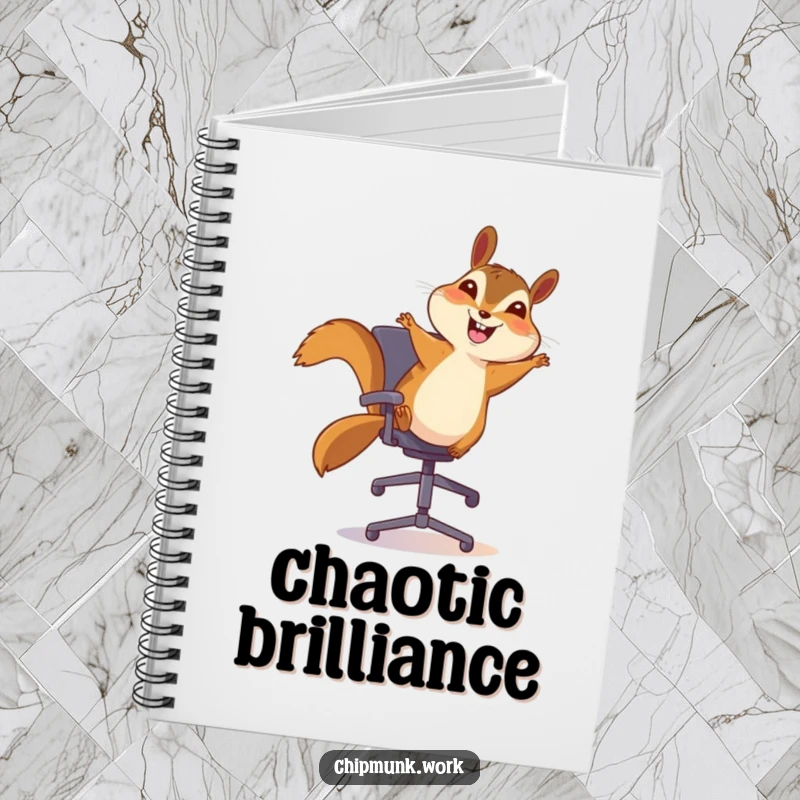 Funny chipmunk notebook, a chipmunk happily bouncing on an office chair with a smile, ready to jot down fun ideas.