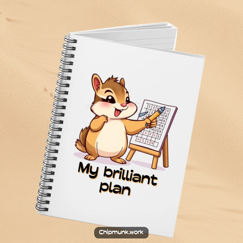 Funny notebook cover featuring an energetic chipmunk gesturing with a pen towards a data chart. Ideal for note-taking and planning.