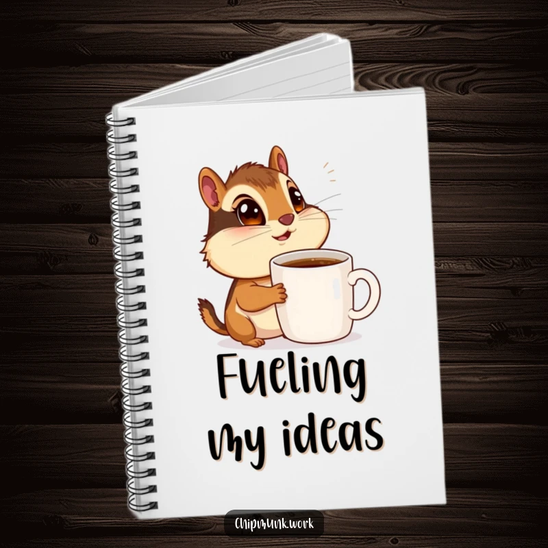Funny chipmunk with wide eyes admiring a coffee mug, open notebook for journaling, coffee appreciation.