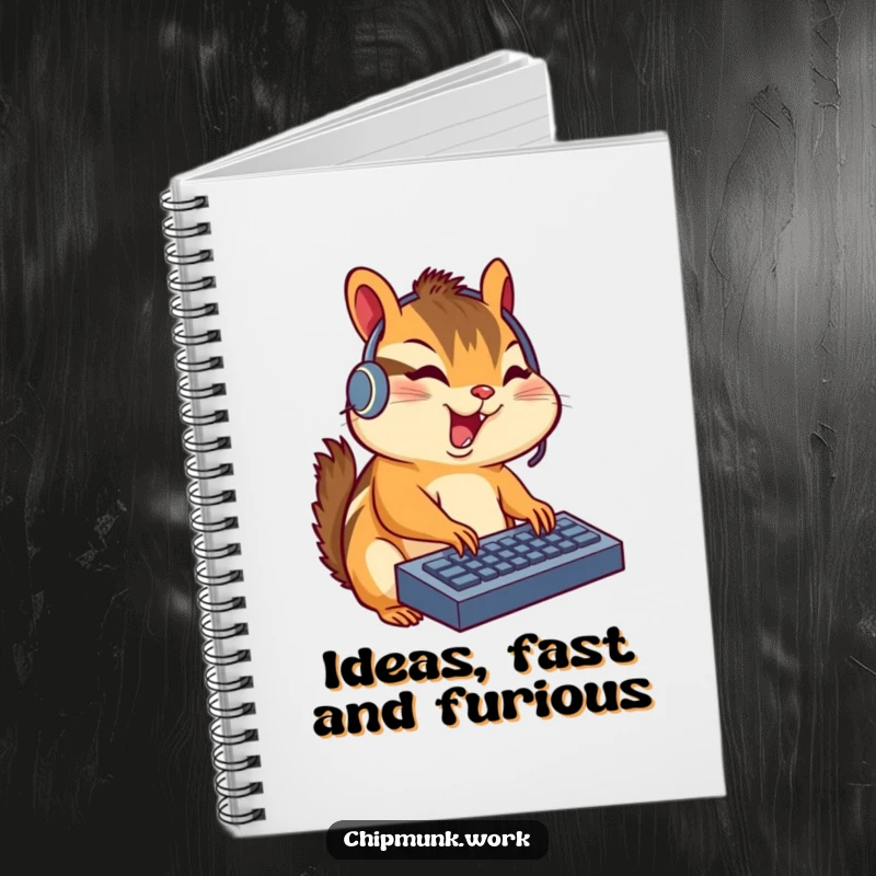 Funny chipmunk wearing a headset, typing on a miniature keyboard, featured on a notebook cover to inspire gaming strategies and notes.