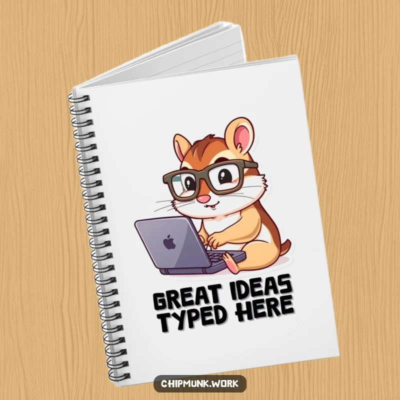 Funny chipmunk typing furiously on a mini laptop, holding an open notebook, ready to capture ideas.