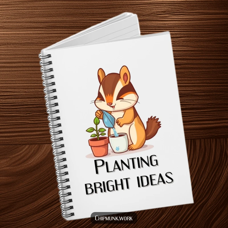 Funny chipmunk notebook, enthusiastically watering a tiny potted desk plant, a charming journal for creative minds and plant lovers.