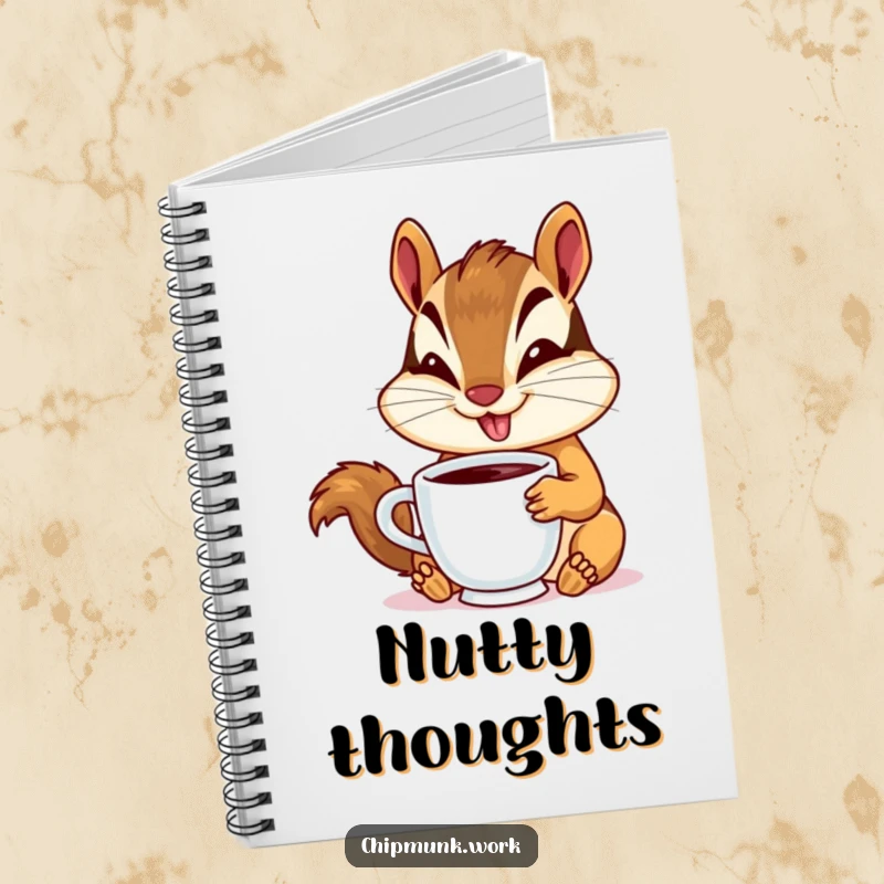Funny chipmunk notebook with a goofy smiling chipmunk sipping coffee, perfect for writing, journaling, and creative ideas.