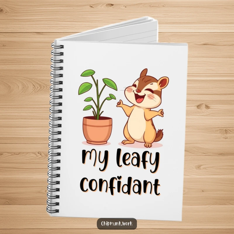 Funny chipmunk notebook, sharing a laugh with a desk plant, arms outstretched happily, great for jotting down notes and ideas.