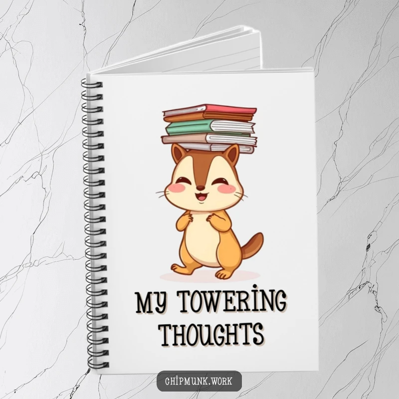 Funny chipmunk balancing a stack of papers on its head, on a notebook cover, inspiring organized writing.