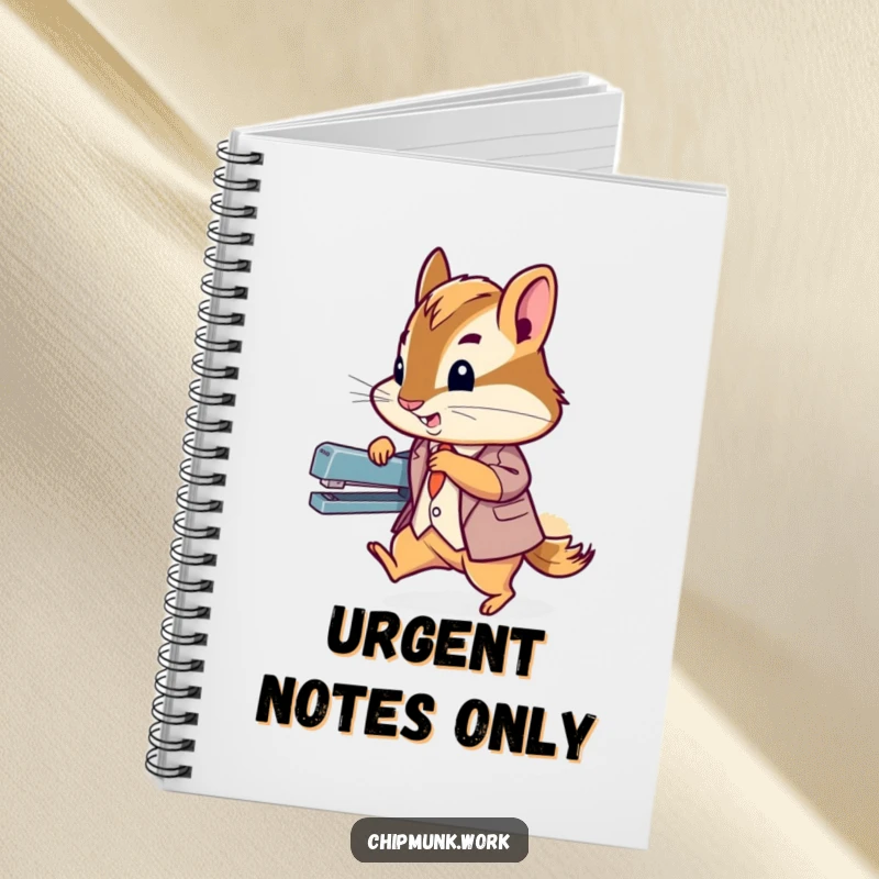 Funny chipmunk in a suit zipping past a stapler on a notebook cover, inspiring users to jot down ambitious and humorous notes.