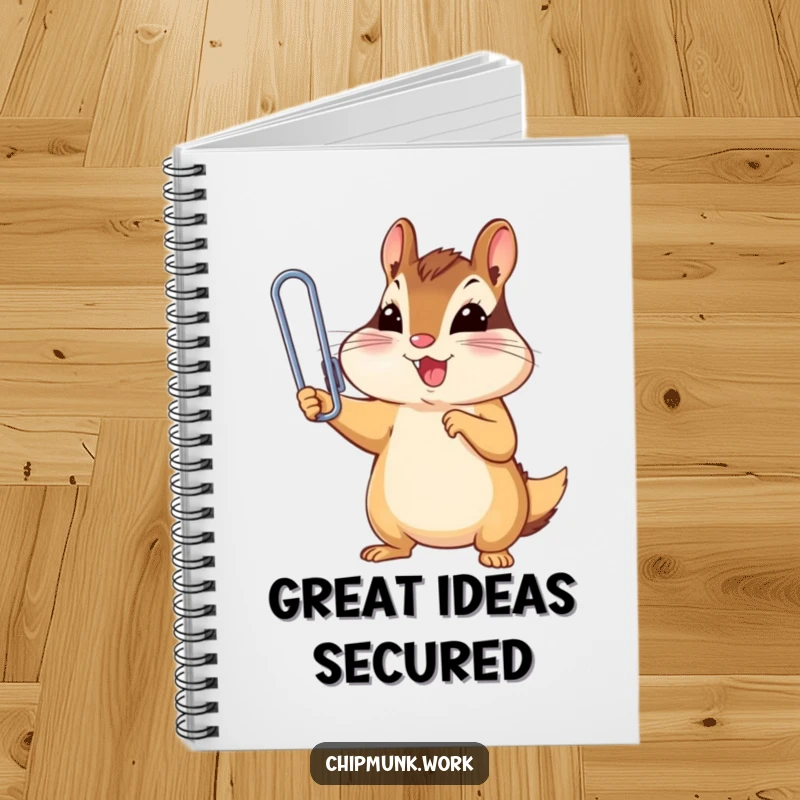 Funny chipmunk triumphantly holding a tiny, oversized paperclip, a humorous notebook for capturing ideas, a funny gift.
