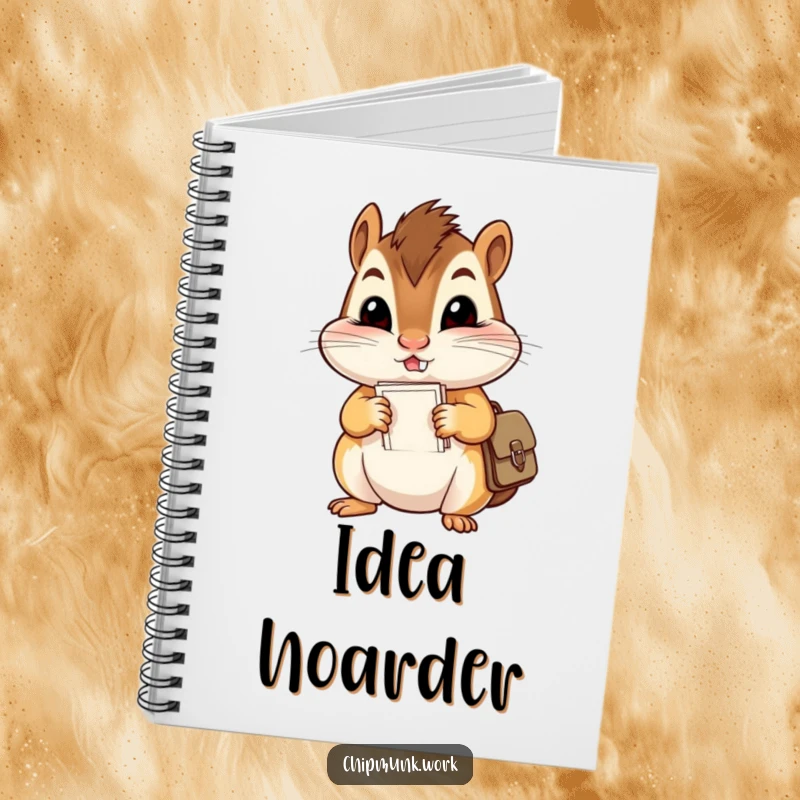 Funny notebook cover with a mischievous chipmunk comically stuffing papers into a tiny satchel, designed for jotting down humorous thoughts.