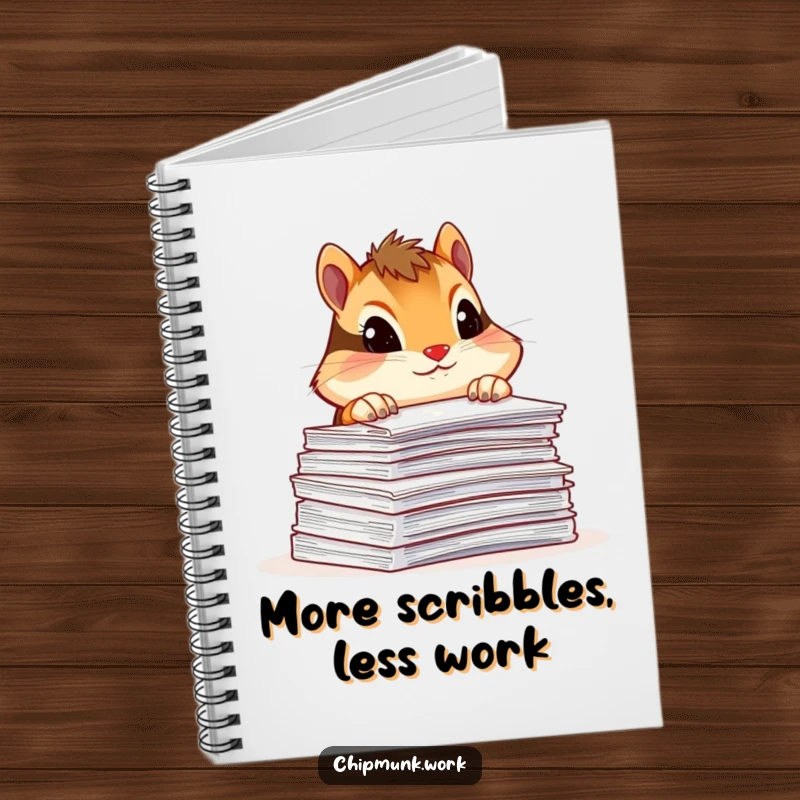 Funny chipmunk notebook, peeking over a stack of paperwork with a curious tilt, a humorous journal for organizing tasks.