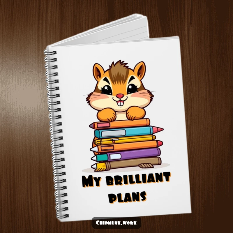 Funny chipmunk notebook with a determined creature stacking colorful, wobbly office supplies, perfect for notes.