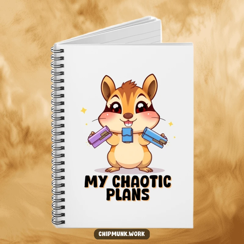 Funny chipmunk notebook featuring an excited chipmunk juggling staplers, a humorous prompt for your notes and plans.