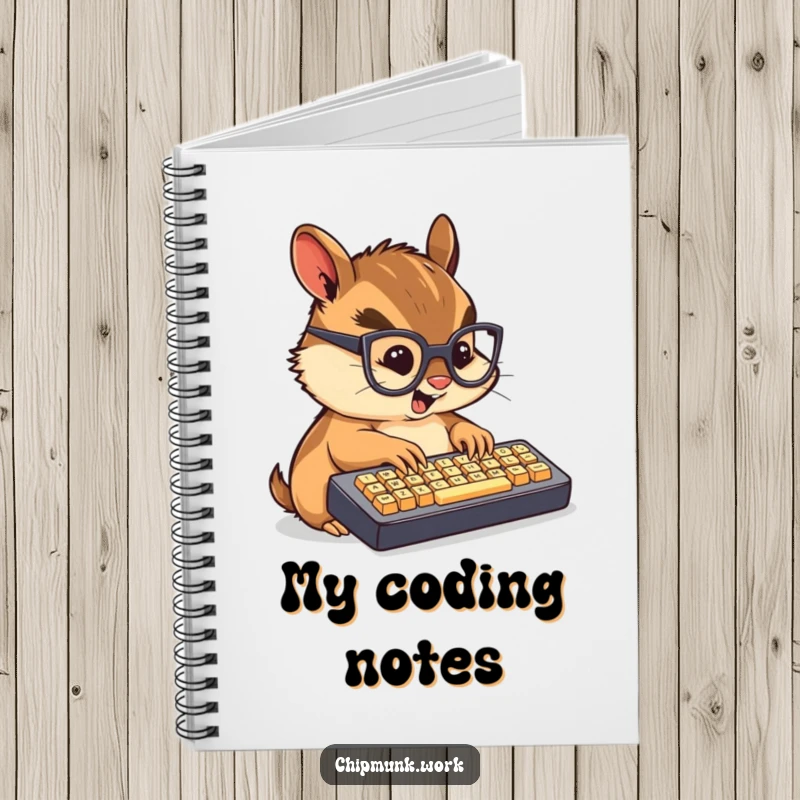 Funny notebook featuring a chibi chipmunk wearing glasses, furiously typing on a mini keyboard.