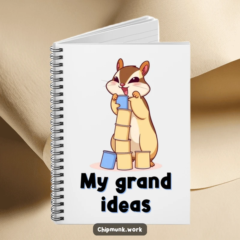 Funny chipmunk notebook illustrating a determined squirrel building a precarious tower of small paper cups.