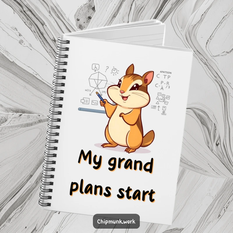 Funny chipmunk notebook, enthusiastically pointing at a complex diagram on a whiteboard, ready for smart notes.