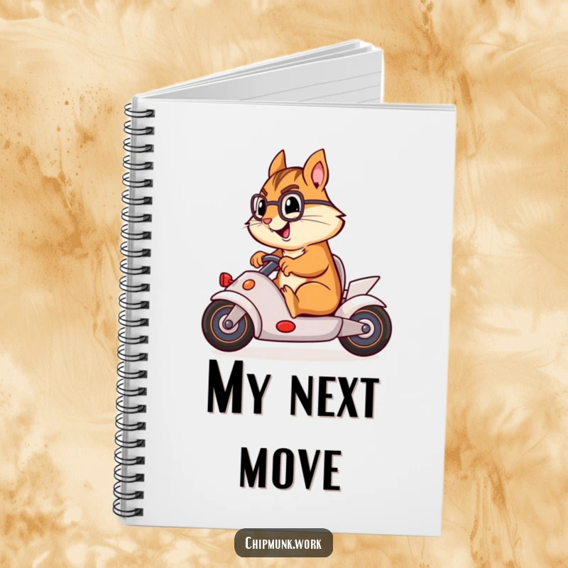 Funny chipmunk racing an office swivel chair like a car on a notebook cover, ideal for notes.