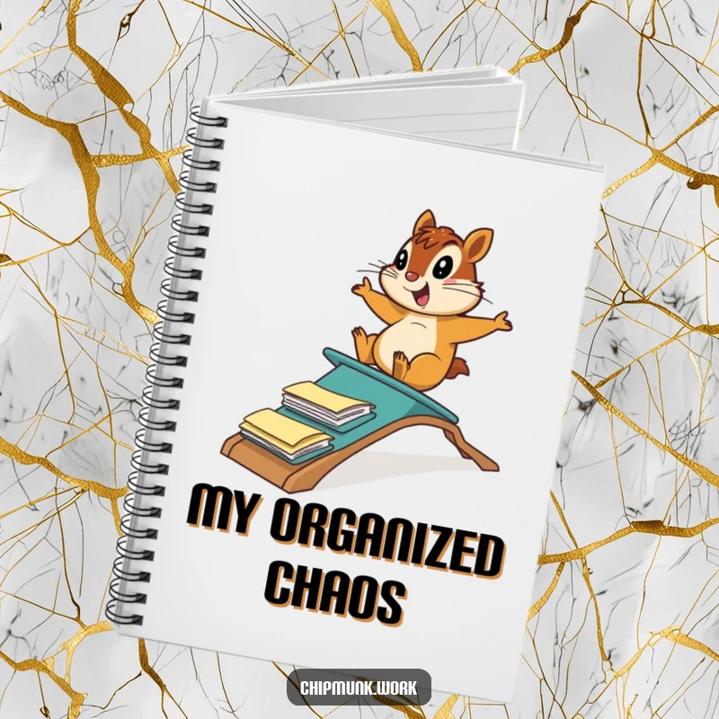 Funny chipmunk sliding down a ramp of file folders, featured on a notebook cover for jotting down humorous office-related ideas.