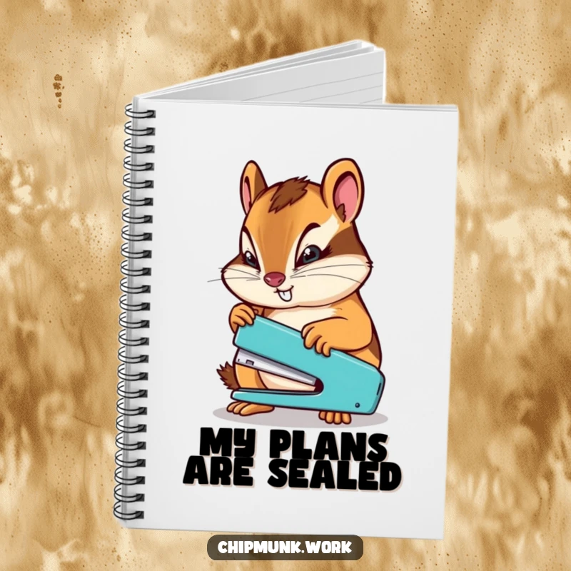 Funny chipmunk determinedly using a miniature stapler, a humorous notebook cover for securely organizing thoughts.