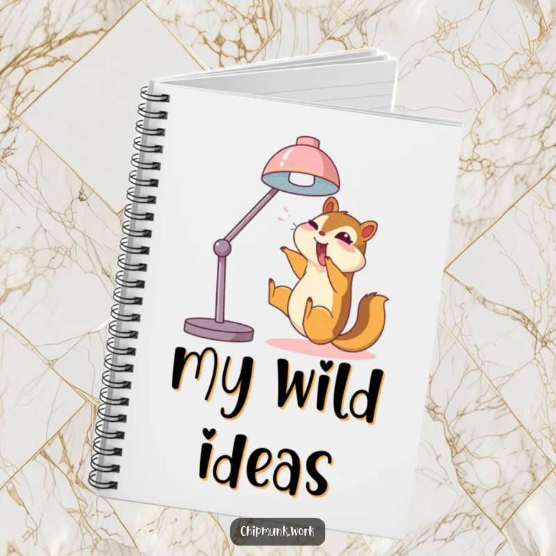 Funny chipmunk notebook, joyfully sliding down a desk lamp, perfect for jotting down funny thoughts.